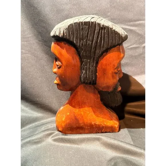 Hand Carved Double Face Wood Bust Man Woman 8" - Picture 4 of 8